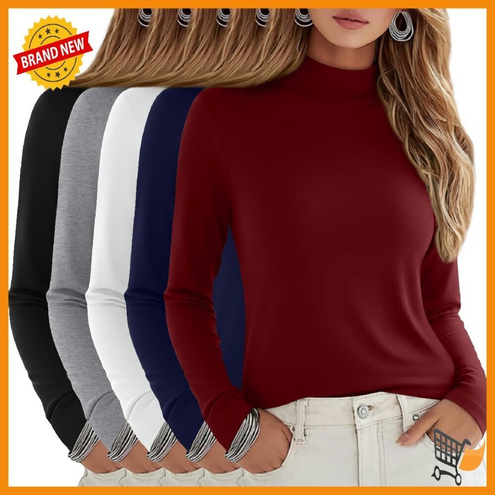 5 Pack Women's Cotton Mock Turtleneck Long Sleeve Slim Fit Tees